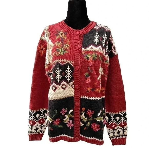 Vintage  Cleo Cardigan Animal Embroidered Grandma Sweater Red Blue Size Medium - Picture 1 of 16